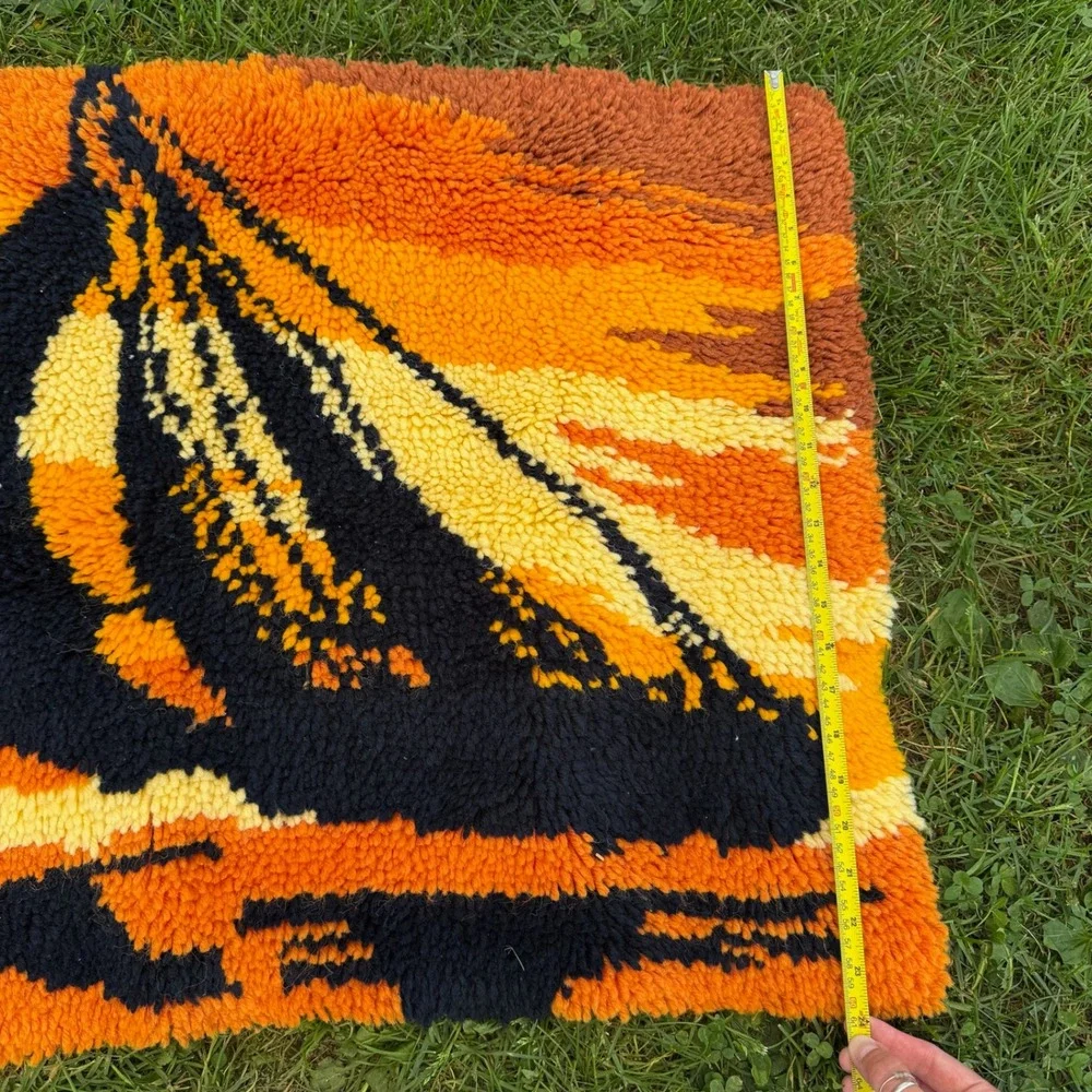 Vintage Latch Hook‎ Rug 35x24 Orange Sailboat Sunset Retro 70s Wall Hanging